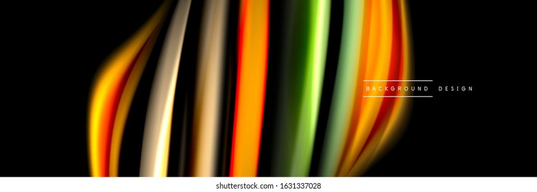 Silk and smooth flow wave poster design. Color waves, liquid style lines and shapes in black color background. Vector Illustration For Wallpaper, Banner, Background, Card, Book, Illustration, landing