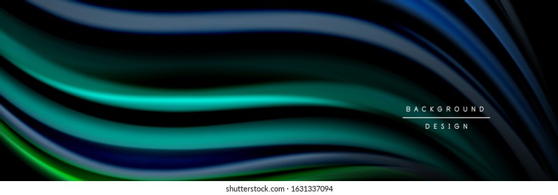 Silk and smooth flow wave poster design. Color waves, liquid style lines and shapes in black color background. Vector Illustration For Wallpaper, Banner, Background, Card, Book, Illustration, landing