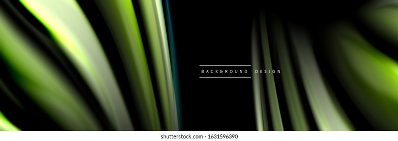 Silk and smooth flow wave poster design. Color waves, liquid style lines and shapes in black color background. Vector Illustration For Wallpaper, Banner, Background, Card, Book, Illustration, landing