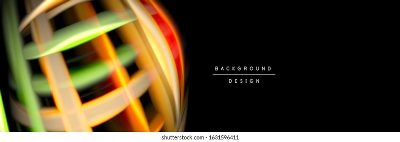 Seide und glatte Strömung Welle Poster Design. Farbwellen, flüssige Linien und Formen auf schwarzem Hintergrund. Vektorgrafik für Bildschirmhintergründe, Banner, Hintergrund, Karte, Buch, Illustration, Landung