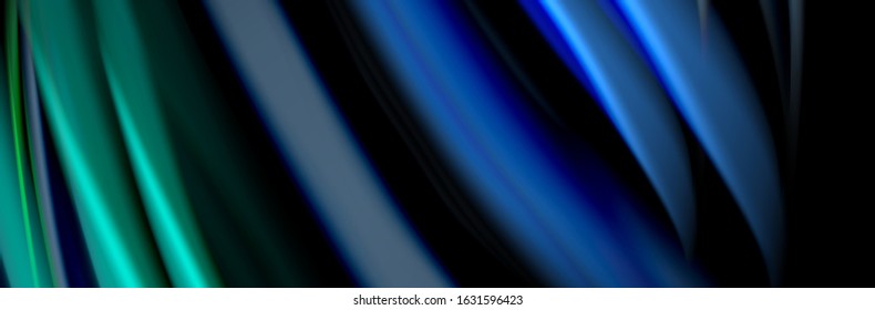 Silk and smooth flow wave poster design. Color waves, liquid style lines and shapes in black color background. Vector Illustration For Wallpaper, Banner, Background, Card, Book, Illustration, landing