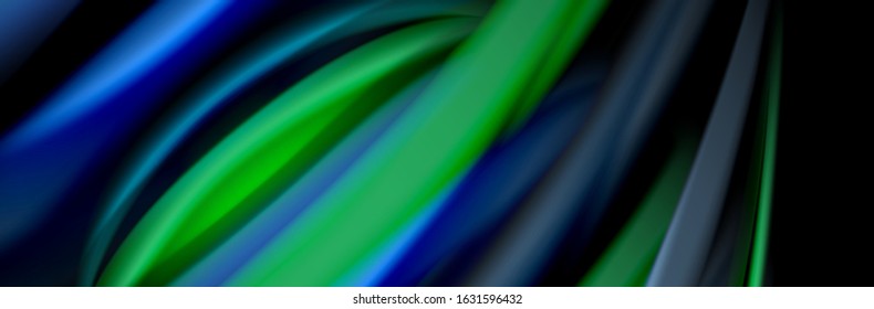 Seide und glatte Strömung Welle Poster Design. Farbwellen, flüssige Linien und Formen auf schwarzem Hintergrund. Vektorgrafik für Bildschirmhintergründe, Banner, Hintergrund, Karte, Buch, Illustration, Landung