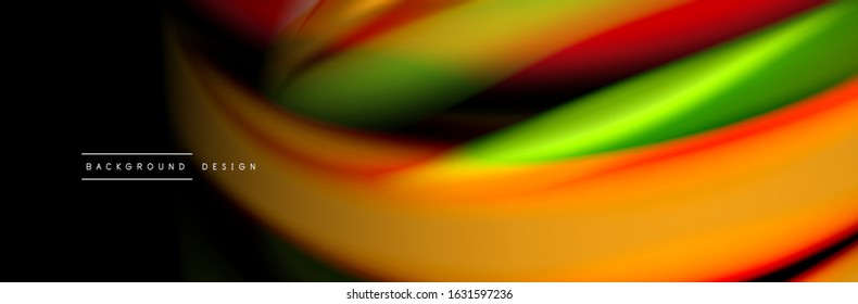 Silk and smooth flow wave poster design. Color waves, liquid style lines and shapes in black color background. Vector Illustration For Wallpaper, Banner, Background, Card, Book, Illustration, landing
