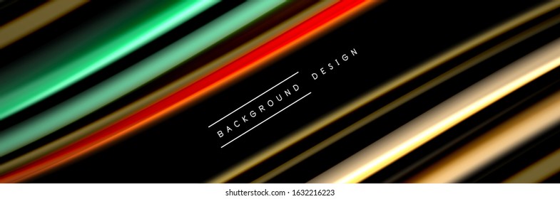 Silk and smooth flow wave poster design. Color waves, liquid style lines and shapes in black color background. Vector Illustration For Wallpaper, Banner, Background, Card, Book, Illustration, landing