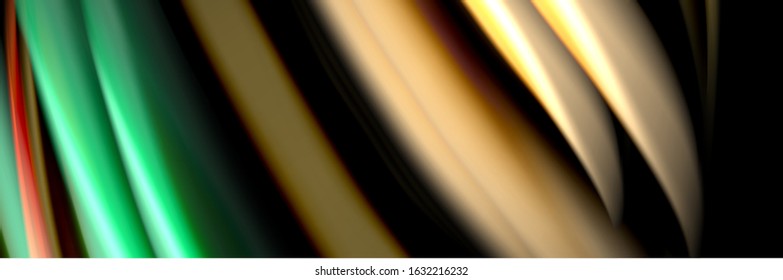 Diseño de afiches de ondas de flujo suave y seda. Olas de color, líneas de estilo líquido y formas de fondo de color negro. Ilustración vectorial para papel de escritorio, pancarta, fondo, tarjeta, libro, ilustración, aterrizaje