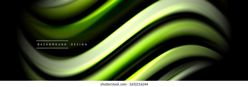 Diseño de afiches de ondas de flujo suave y seda. Olas de color, líneas de estilo líquido y formas de fondo de color negro. Ilustración vectorial para papel de escritorio, pancarta, fondo, tarjeta, libro, ilustración, aterrizaje