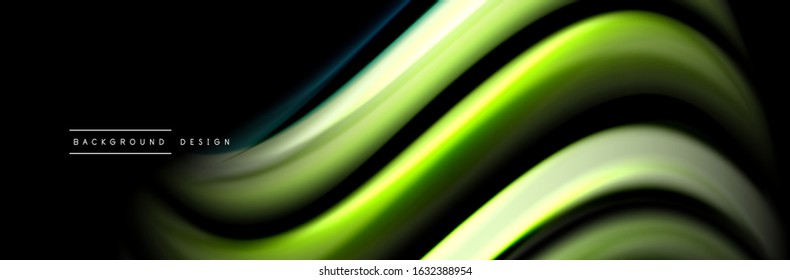 Diseño de afiches de ondas de flujo suave y seda. Olas de color, líneas de estilo líquido y formas de fondo de color negro. Ilustración vectorial para papel de escritorio, pancarta, fondo, tarjeta, libro, ilustración, aterrizaje