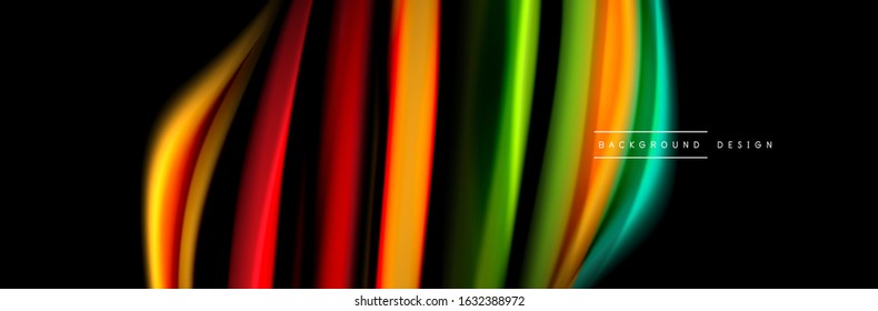 Silk and smooth flow wave poster design. Color waves, liquid style lines and shapes in black color background. Vector Illustration For Wallpaper, Banner, Background, Card, Book, Illustration, landing