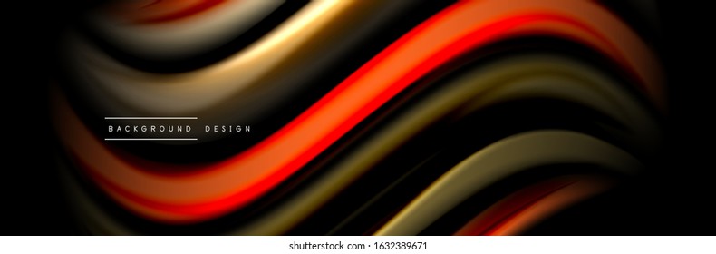 Silk and smooth flow wave poster design. Color waves, liquid style lines and shapes in black color background. Vector Illustration For Wallpaper, Banner, Background, Card, Book, Illustration, landing
