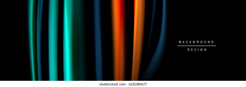 Silk and smooth flow wave poster design. Color waves, liquid style lines and shapes in black color background. Vector Illustration For Wallpaper, Banner, Background, Card, Book, Illustration, landing