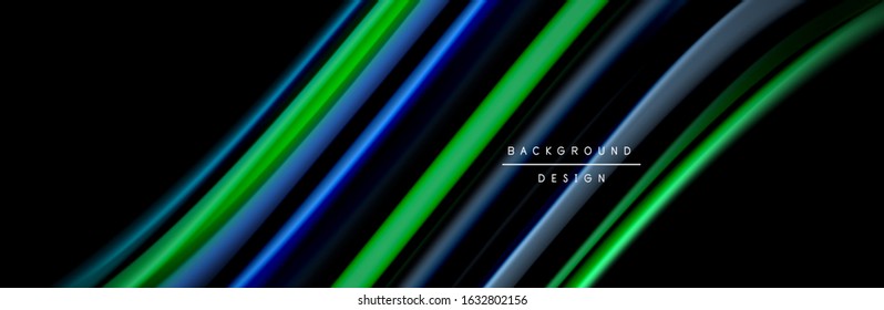Silk and smooth flow wave poster design. Color waves, liquid style lines and shapes in black color background. Vector Illustration For Wallpaper, Banner, Background, Card, Book, Illustration, landing