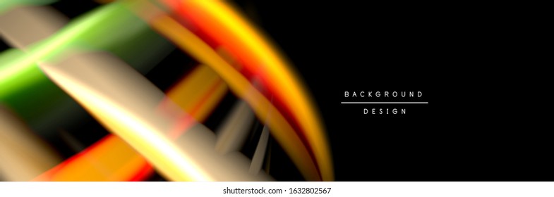 Silk and smooth flow wave poster design. Color waves, liquid style lines and shapes in black color background. Vector Illustration For Wallpaper, Banner, Background, Card, Book, Illustration, landing