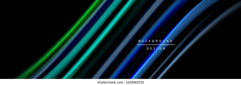 Silk and smooth flow wave poster design. Color waves, liquid style lines and shapes in black color background. Vector Illustration For Wallpaper, Banner, Background, Card, Book, Illustration, landing