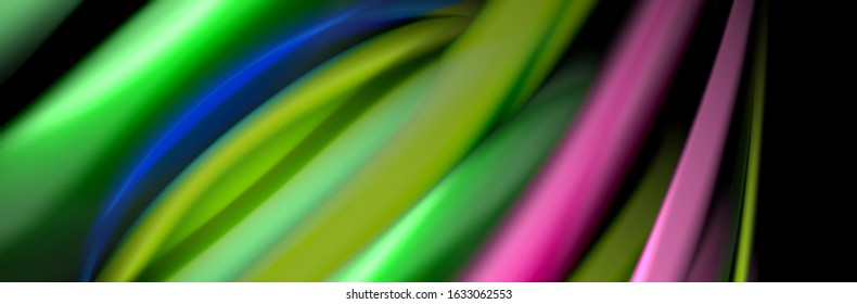 Silk and smooth flow wave poster design. Color waves, liquid style lines and shapes in black color background. Vector Illustration For Wallpaper, Banner, Background, Card, Book, Illustration, landing