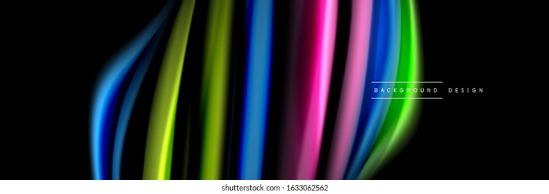 Silk and smooth flow wave poster design. Color waves, liquid style lines and shapes in black color background. Vector Illustration For Wallpaper, Banner, Background, Card, Book, Illustration, landing