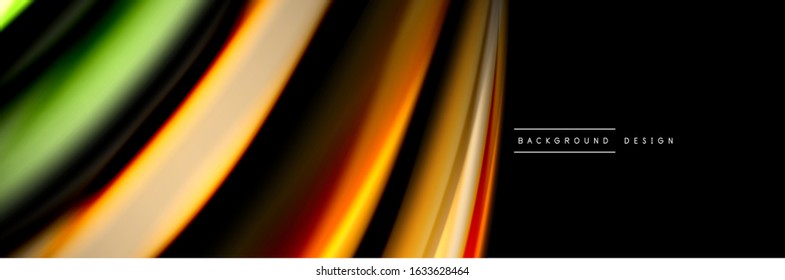Silk and smooth flow wave poster design. Color waves, liquid style lines and shapes in black color background. Vector Illustration For Wallpaper, Banner, Background, Card, Book, Illustration, landing