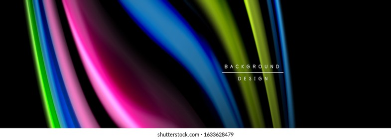 Silk and smooth flow wave poster design. Color waves, liquid style lines and shapes in black color background. Vector Illustration For Wallpaper, Banner, Background, Card, Book, Illustration, landing