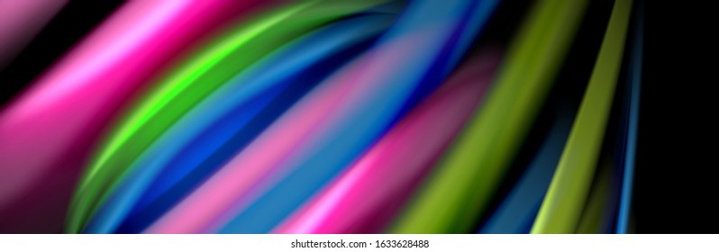 Silk and smooth flow wave poster design. Color waves, liquid style lines and shapes in black color background. Vector Illustration For Wallpaper, Banner, Background, Card, Book, Illustration, landing