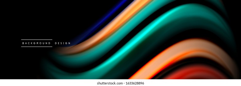 Silk and smooth flow wave poster design. Color waves, liquid style lines and shapes in black color background. Vector Illustration For Wallpaper, Banner, Background, Card, Book, Illustration, landing
