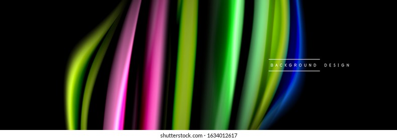 Diseño de afiches de ondas de flujo suave y seda. Olas de color, líneas de estilo líquido y formas de fondo de color negro. Ilustración vectorial para papel de escritorio, pancarta, fondo, tarjeta, libro, ilustración, aterrizaje