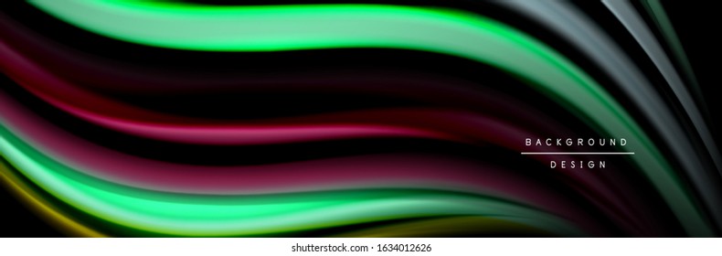 Silk and smooth flow wave poster design. Color waves, liquid style lines and shapes in black color background. Vector Illustration For Wallpaper, Banner, Background, Card, Book, Illustration, landing