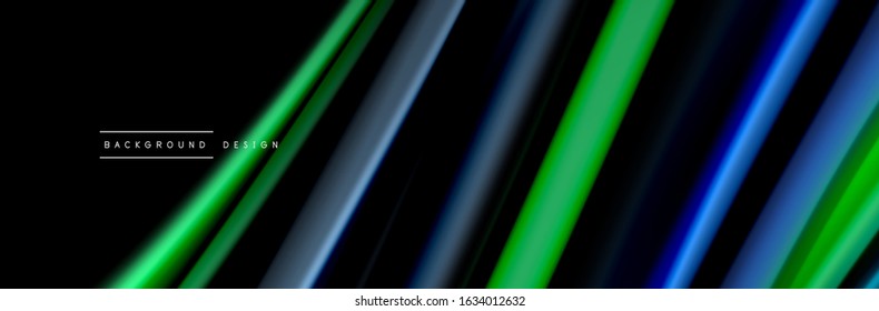Seide und glatte Strömung Welle Poster Design. Farbwellen, flüssige Linien und Formen auf schwarzem Hintergrund. Vektorgrafik für Bildschirmhintergründe, Banner, Hintergrund, Karte, Buch, Illustration, Landung
