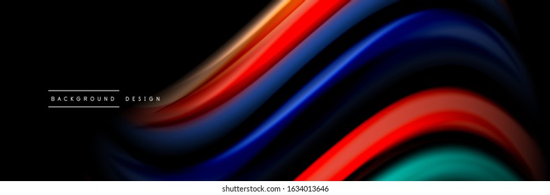Silk and smooth flow wave poster design. Color waves, liquid style lines and shapes in black color background. Vector Illustration For Wallpaper, Banner, Background, Card, Book, Illustration, landing