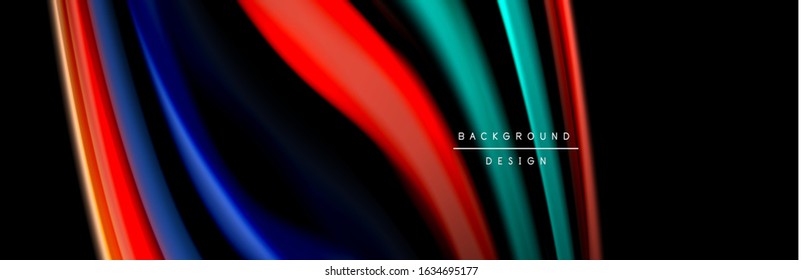 Silk and smooth flow wave poster design. Color waves, liquid style lines and shapes in black color background. Vector Illustration For Wallpaper, Banner, Background, Card, Book, Illustration, landing