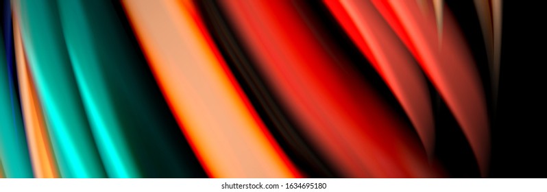 Silk and smooth flow wave poster design. Color waves, liquid style lines and shapes in black color background. Vector Illustration For Wallpaper, Banner, Background, Card, Book, Illustration, landing