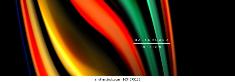 Seide und glatte Strömung Welle Poster Design. Farbwellen, flüssige Linien und Formen auf schwarzem Hintergrund. Vektorgrafik für Bildschirmhintergründe, Banner, Hintergrund, Karte, Buch, Illustration, Landung