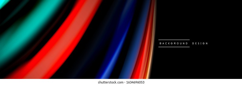 Silk and smooth flow wave poster design. Color waves, liquid style lines and shapes in black color background. Vector Illustration For Wallpaper, Banner, Background, Card, Book, Illustration, landing