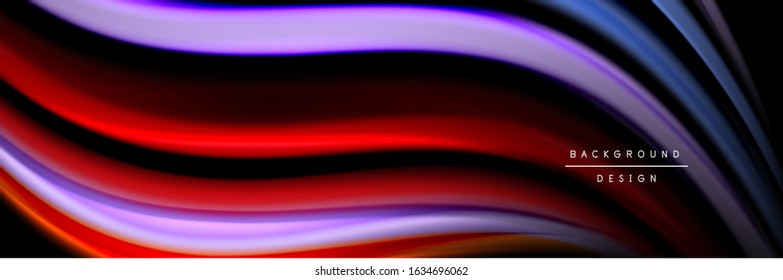 Silk and smooth flow wave poster design. Color waves, liquid style lines and shapes in black color background. Vector Illustration For Wallpaper, Banner, Background, Card, Book, Illustration, landing