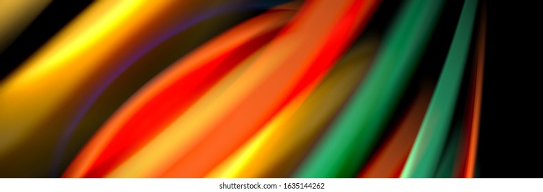 Silk and smooth flow wave poster design. Color waves, liquid style lines and shapes in black color background. Vector Illustration For Wallpaper, Banner, Background, Card, Book, Illustration, landing