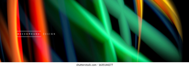Silk and smooth flow wave poster design. Color waves, liquid style lines and shapes in black color background. Vector Illustration For Wallpaper, Banner, Background, Card, Book, Illustration, landing