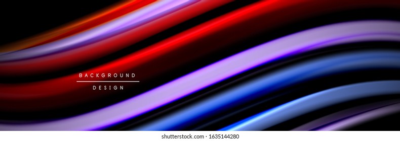 Silk and smooth flow wave poster design. Color waves, liquid style lines and shapes in black color background. Vector Illustration For Wallpaper, Banner, Background, Card, Book, Illustration, landing