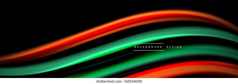 Silk and smooth flow wave poster design. Color waves, liquid style lines and shapes in black color background. Vector Illustration For Wallpaper, Banner, Background, Card, Book, Illustration, landing