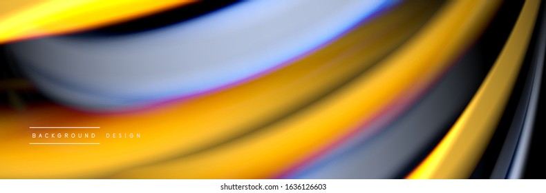 Silk and smooth flow wave poster design. Color waves, liquid style lines and shapes in black color background. Vector Illustration For Wallpaper, Banner, Background, Card, Book, Illustration, landing