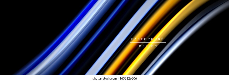Silk and smooth flow wave poster design. Color waves, liquid style lines and shapes in black color background. Vector Illustration For Wallpaper, Banner, Background, Card, Book, Illustration, landing