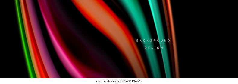 Silk and smooth flow wave poster design. Color waves, liquid style lines and shapes in black color background. Vector Illustration For Wallpaper, Banner, Background, Card, Book, Illustration, landing