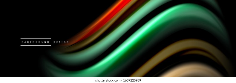 Seide und glatte Strömung Welle Poster Design. Farbwellen, flüssige Linien und Formen auf schwarzem Hintergrund. Vektorgrafik für Bildschirmhintergründe, Banner, Hintergrund, Karte, Buch, Illustration, Landung