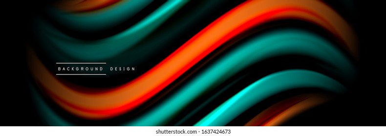 Silk and smooth flow wave poster design. Color waves, liquid style lines and shapes in black color background. Vector Illustration For Wallpaper, Banner, Background, Card, Book, Illustration, landing