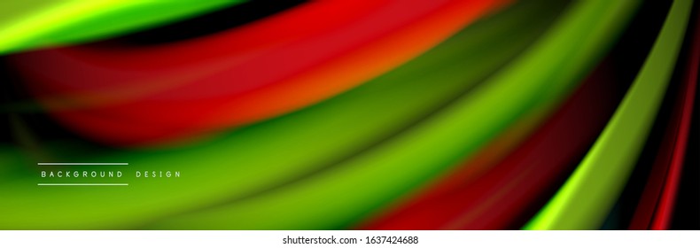 Silk and smooth flow wave poster design. Color waves, liquid style lines and shapes in black color background. Vector Illustration For Wallpaper, Banner, Background, Card, Book, Illustration, landing