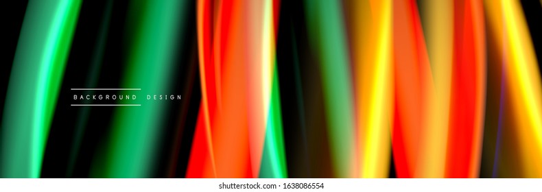 Silk and smooth flow wave poster design. Color waves, liquid style lines and shapes in black color background. Vector Illustration For Wallpaper, Banner, Background, Card, Book, Illustration, landing