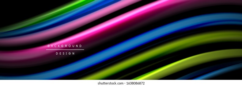 Silk and smooth flow wave poster design. Color waves, liquid style lines and shapes in black color background. Vector Illustration For Wallpaper, Banner, Background, Card, Book, Illustration, landing
