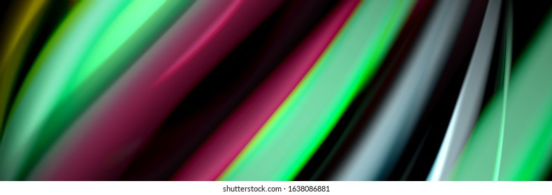 Diseño de afiches de ondas de flujo suave y seda. Olas de color, líneas de estilo líquido y formas de fondo de color negro. Ilustración vectorial para papel de escritorio, pancarta, fondo, tarjeta, libro, ilustración, aterrizaje