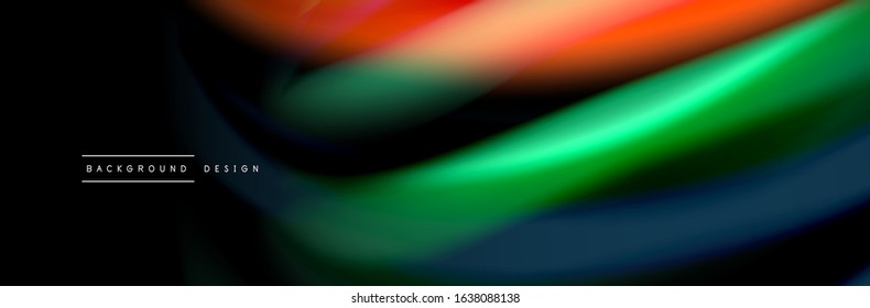 Silk and smooth flow wave poster design. Color waves, liquid style lines and shapes in black color background. Vector Illustration For Wallpaper, Banner, Background, Card, Book, Illustration, landing