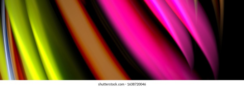 Silk and smooth flow wave poster design. Color waves, liquid style lines and shapes in black color background. Vector Illustration For Wallpaper, Banner, Background, Card, Book, Illustration, landing