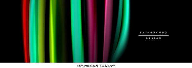 Silk and smooth flow wave poster design. Color waves, liquid style lines and shapes in black color background. Vector Illustration For Wallpaper, Banner, Background, Card, Book, Illustration, landing
