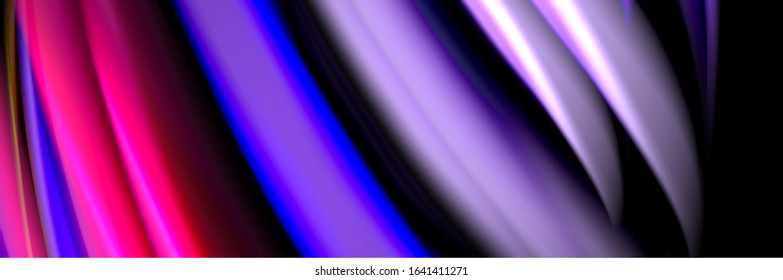 Silk and smooth flow wave poster design. Color waves, liquid style lines and shapes in black color background. Vector Illustration For Wallpaper, Banner, Background, Card, Book, Illustration, landing