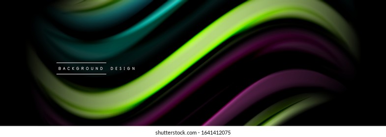 Diseño de afiches de ondas de flujo suave y seda. Olas de color, líneas de estilo líquido y formas de fondo de color negro. Ilustración vectorial para papel de escritorio, pancarta, fondo, tarjeta, libro, ilustración, aterrizaje